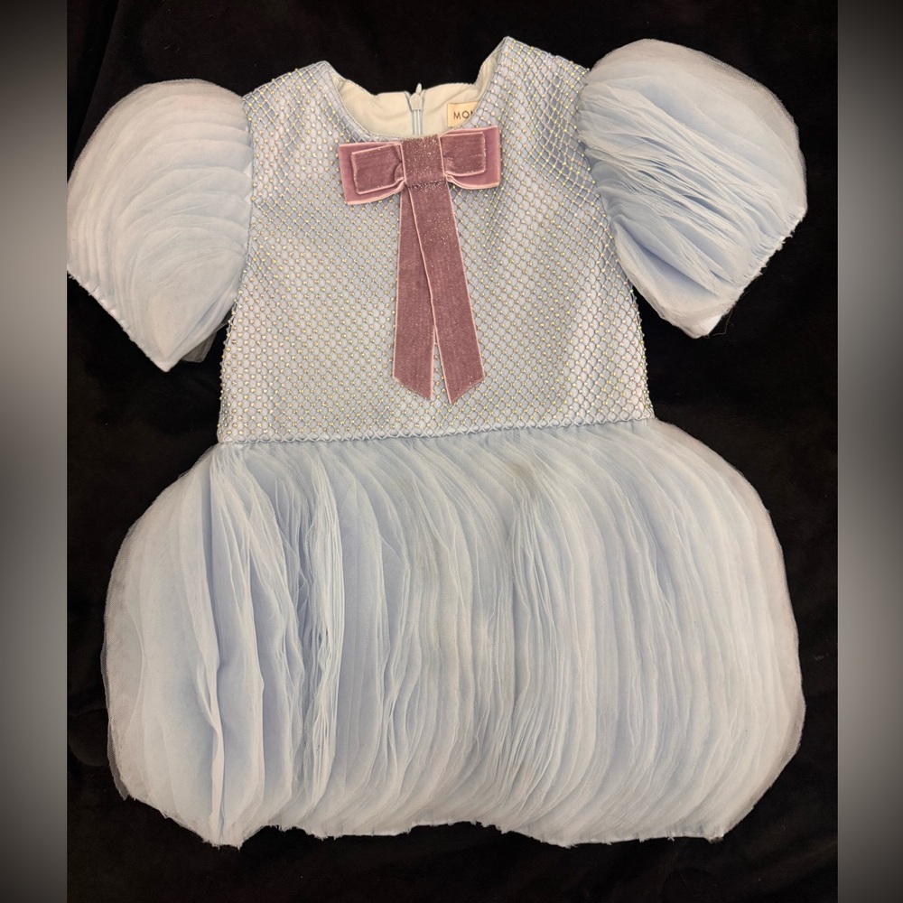MONIKA MO Girls Blue Tulle Dress Beaded Puff Sleeve Size 3-4Y